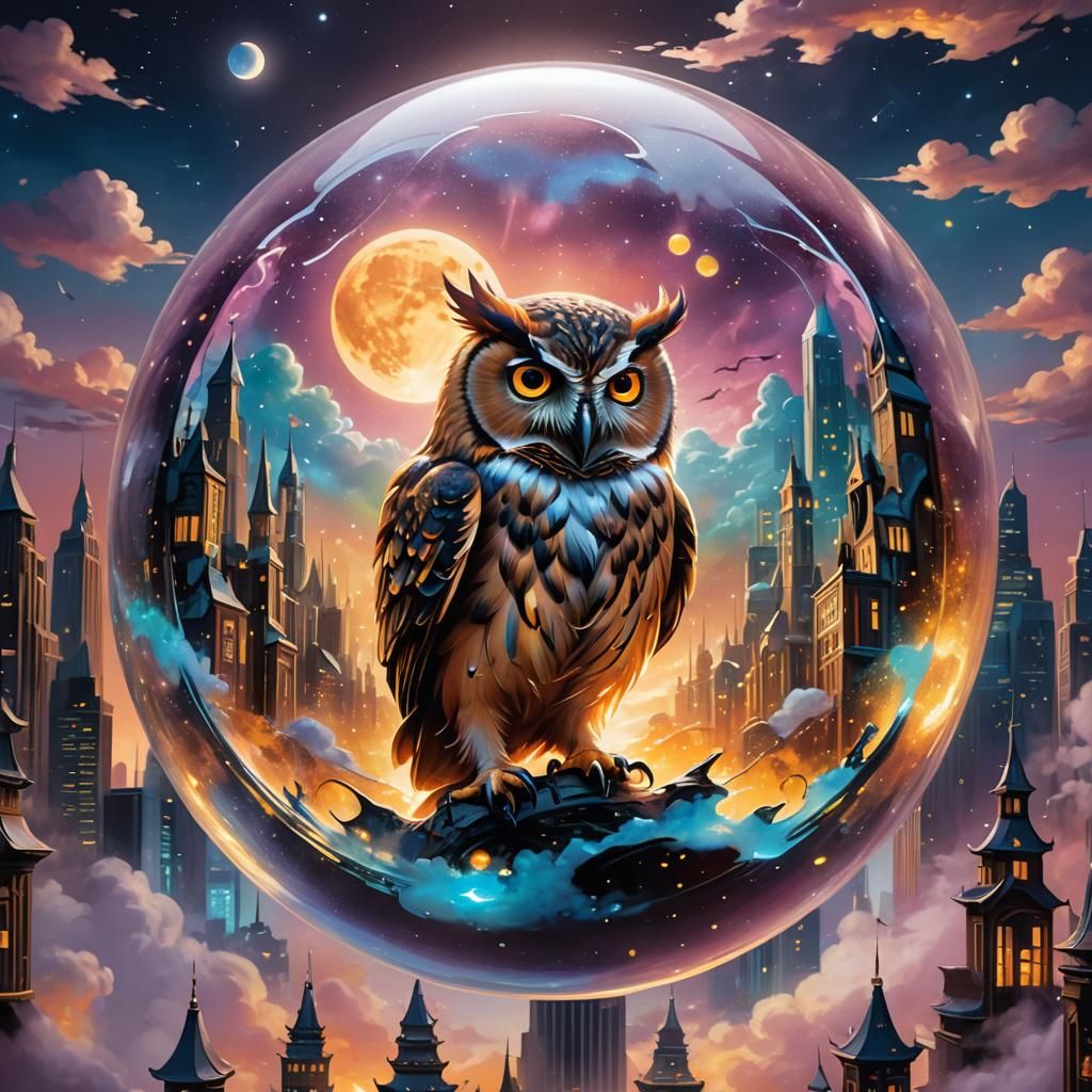 Angry Owl in Orb Over Moon City