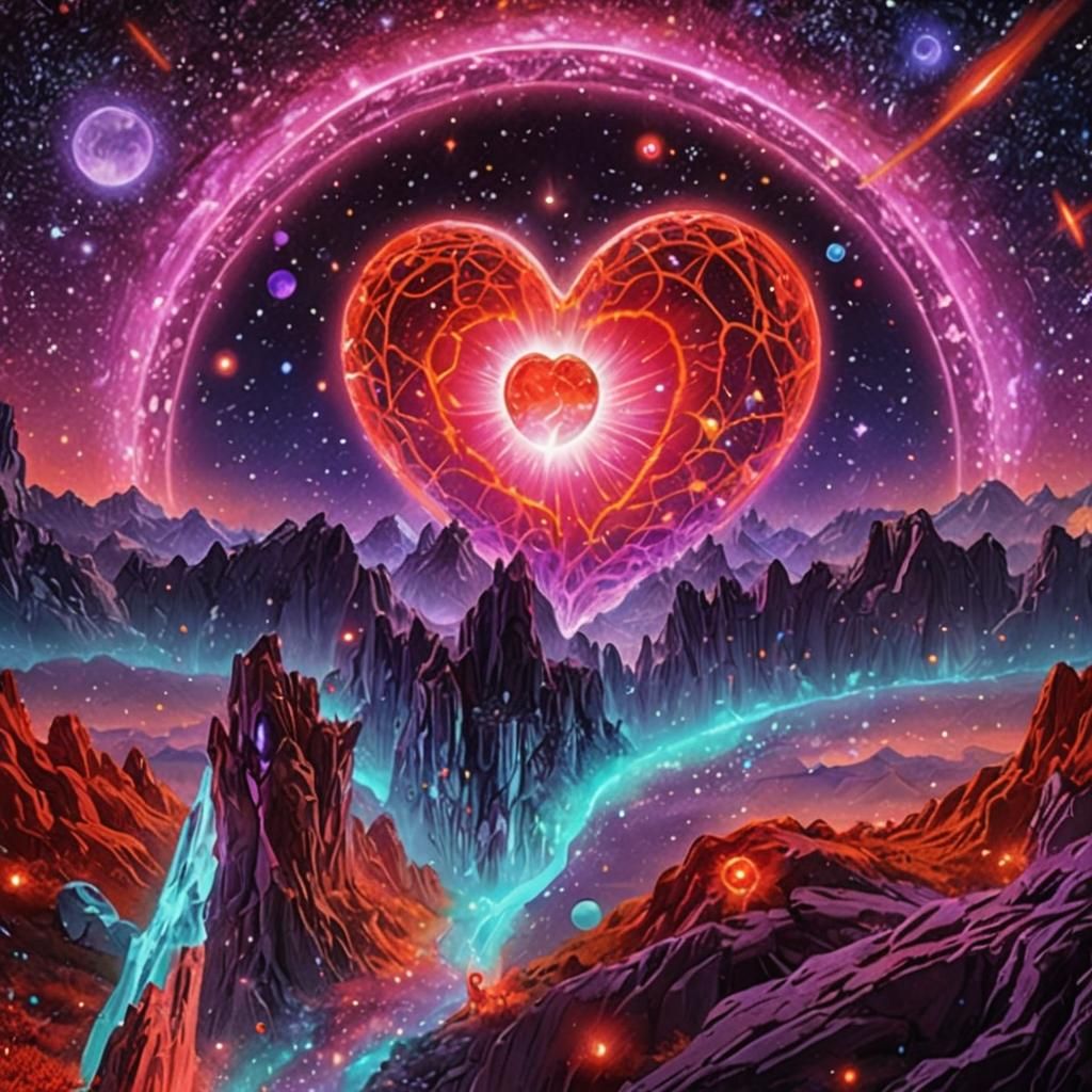 Glowing Red Heart Moon: Holographic Cosmic Art