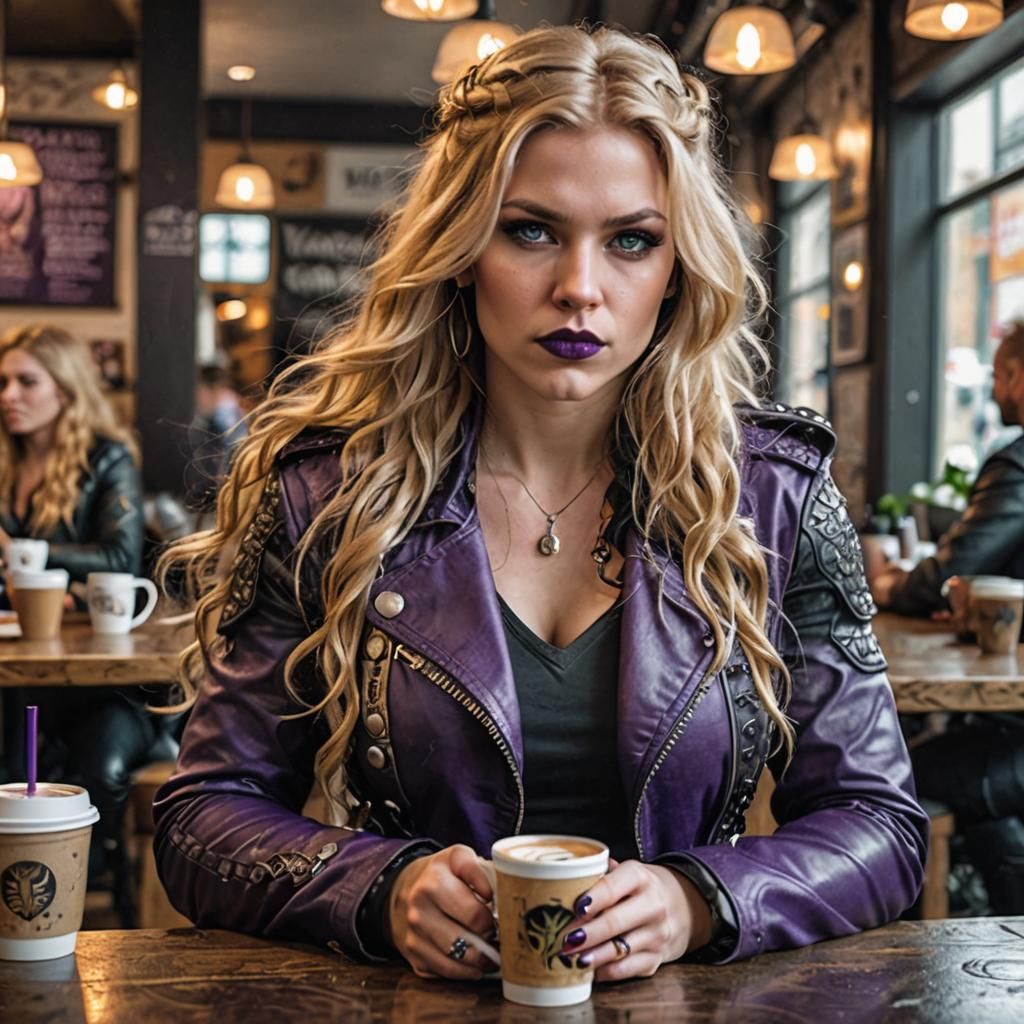 Valkyrie Biker Drinking Coffee in Cafe