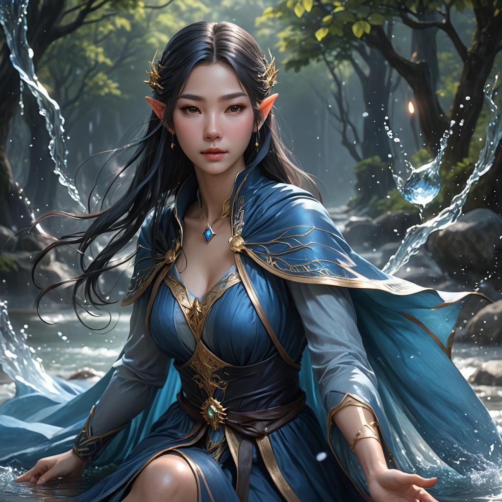 Elven Wizard Conjures Water in Anime Style