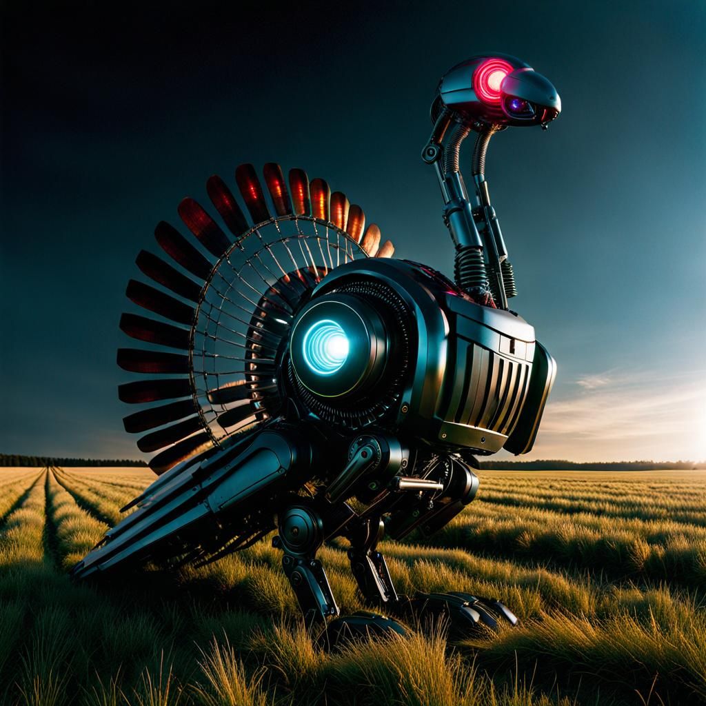 Cyberpunk Robotic Turkey in Field, Sharp Focus