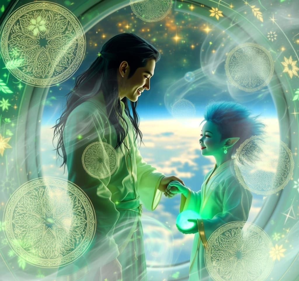 Ethereal Green-Gold Mandalas With Leaf Patterns Floating