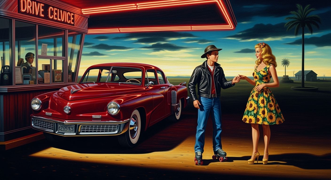 Surreal 1950s Diner Scene with Lost Boy and Golden Girl