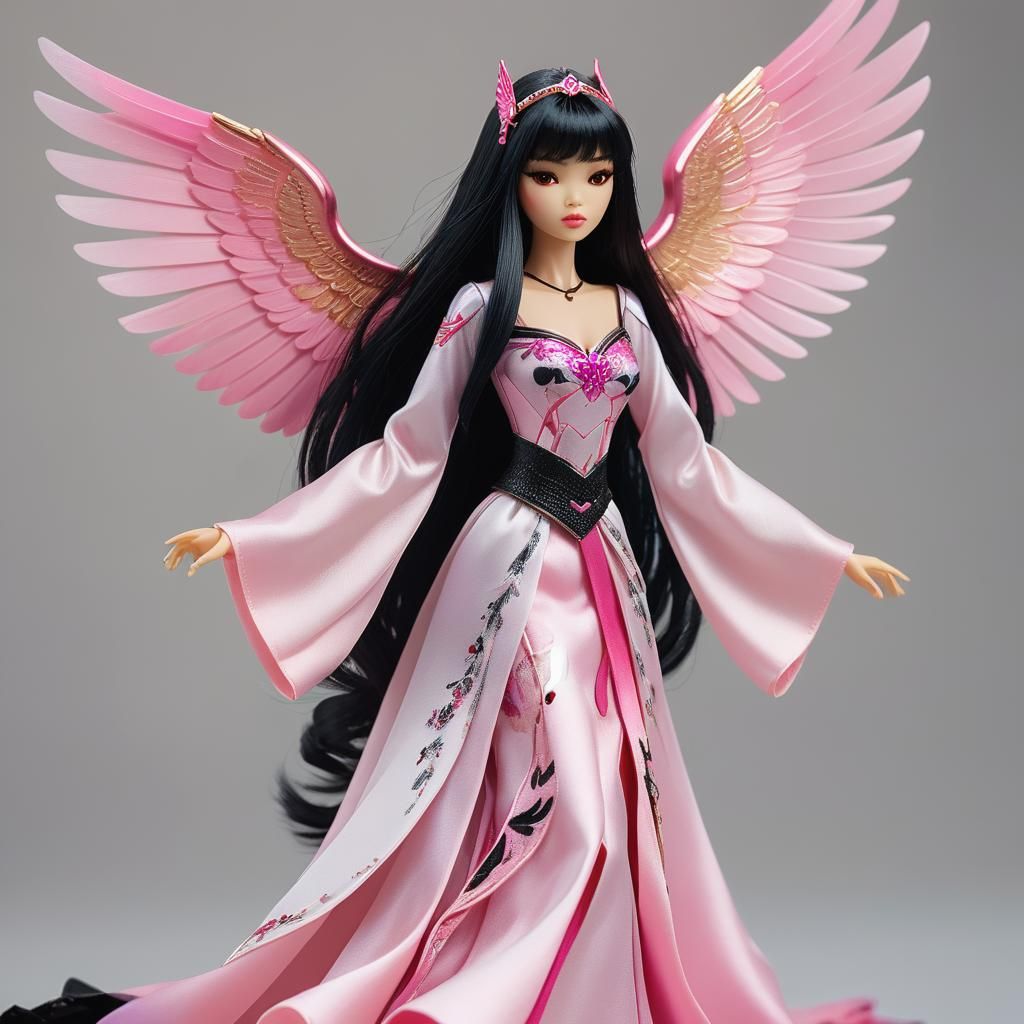 Young Vietnamese woman doll long black hair with bangs pink ...