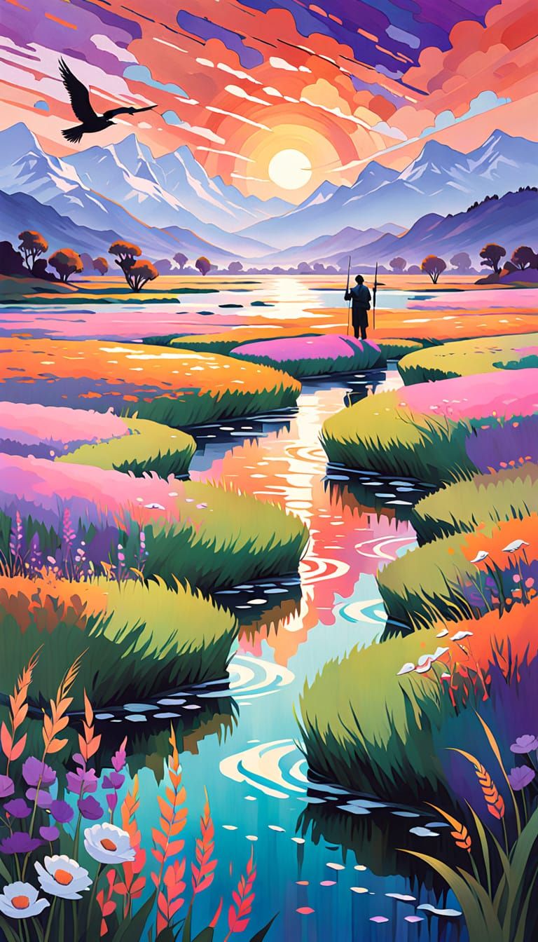 Impressionist Landscape with Vibrant Wildflowers and Snow-Ca...