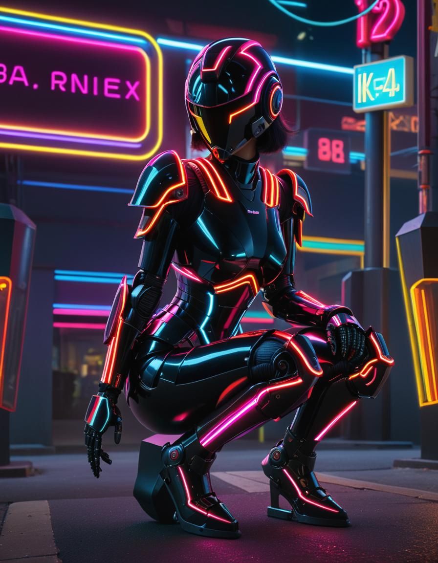 Neon-Lit Robot Kneeling in Futuristic City
