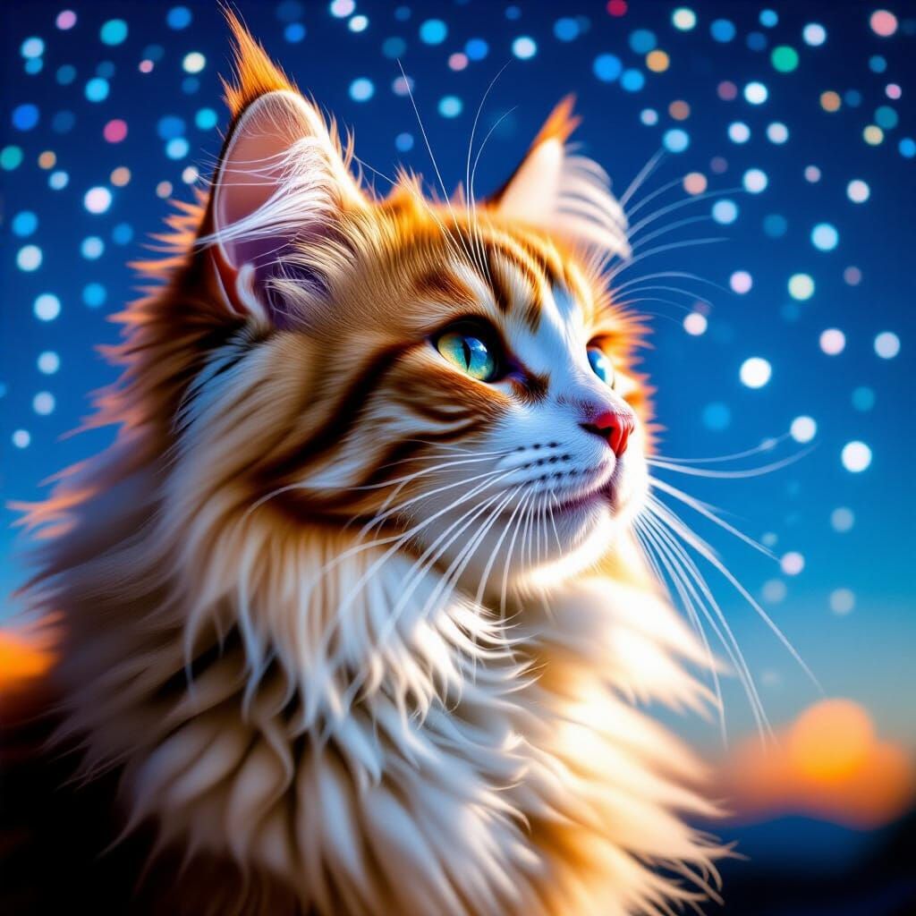 Fluffy Cat Double Exposure with Starlit Sky