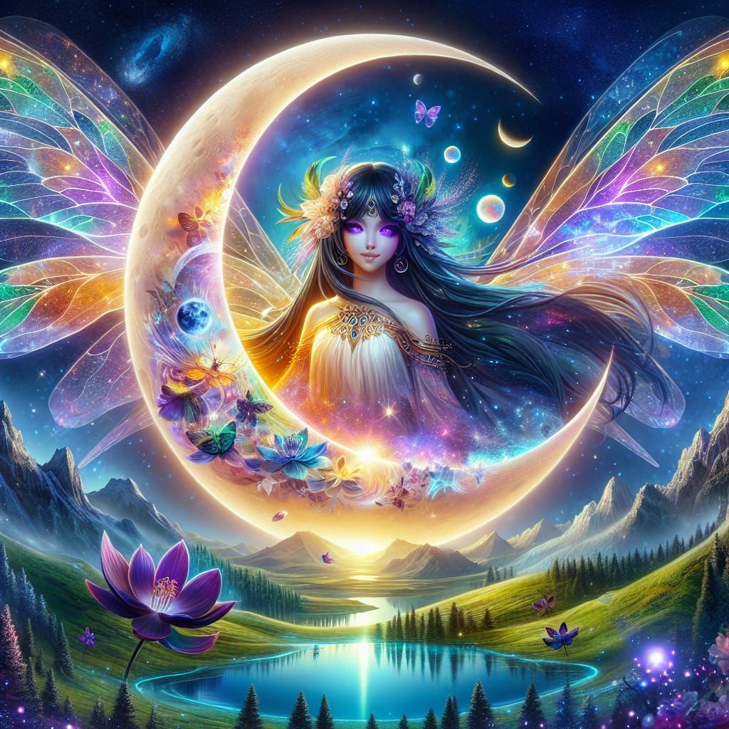 Fairy in Moon Over Galaxy, Double Exposure Art