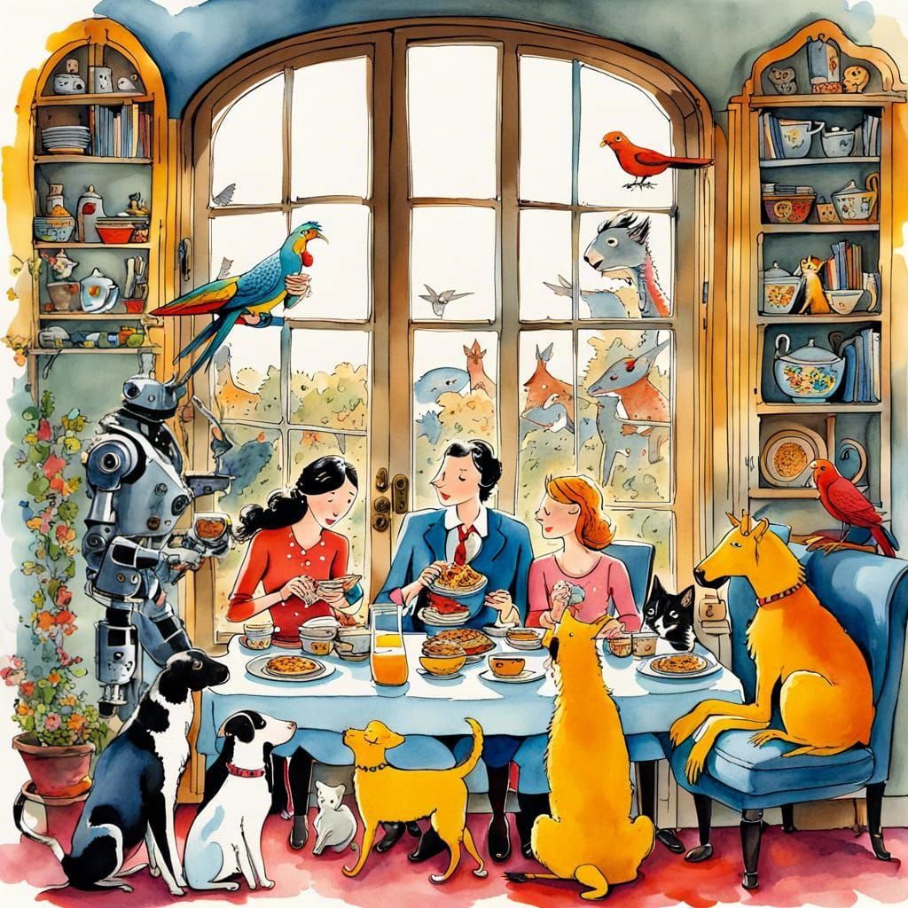 Robot Butler Serves Breakfast: Whimsical Watercolor Illustra...