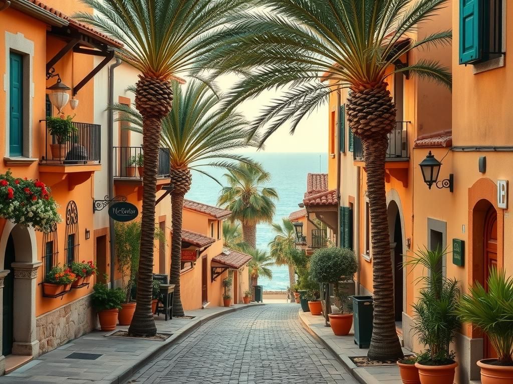 Mediterranean Village Street in Golden Light