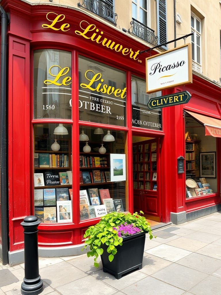 Charming Bookshop with Red Facade in Impressionistic Style
