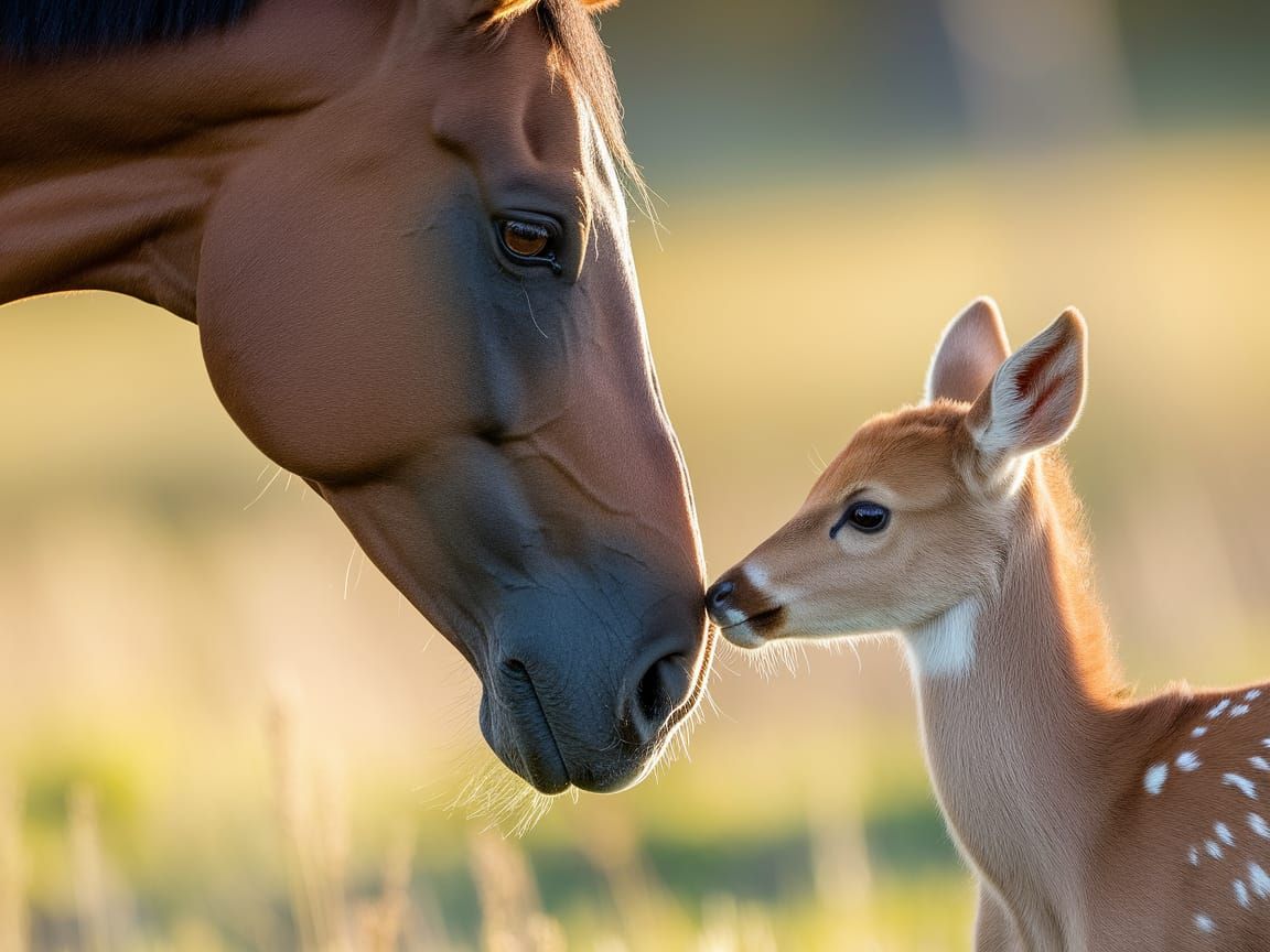 Horses and Fawns Share a Heartwarming Moment in Sunlit Meado...