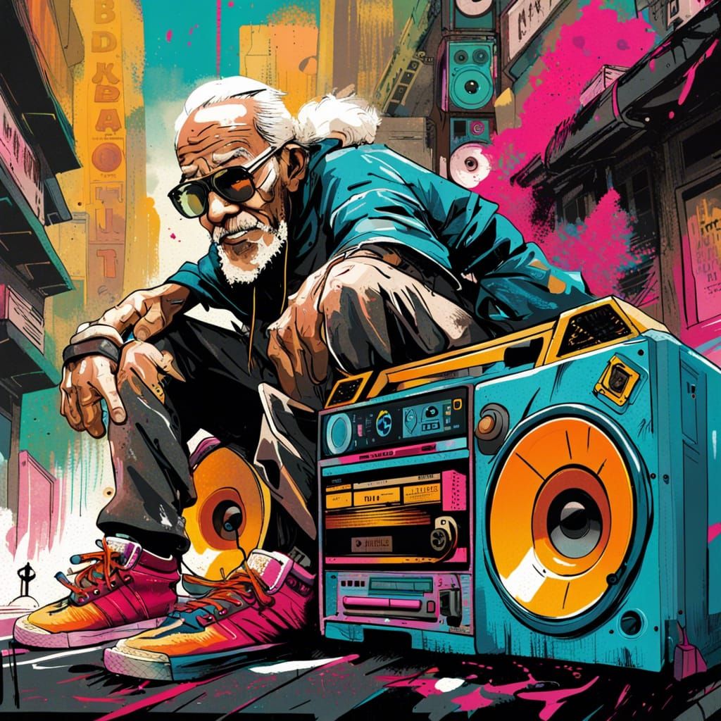 Urban Elderly Breakdancers with Boombox: Street Art