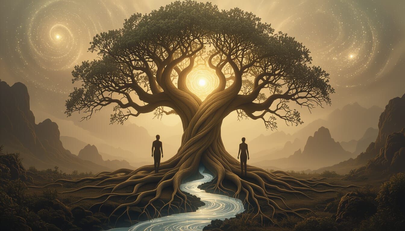 Cosmic Tree of Life: Figures, Rivers, Stars in Muted Earth T...