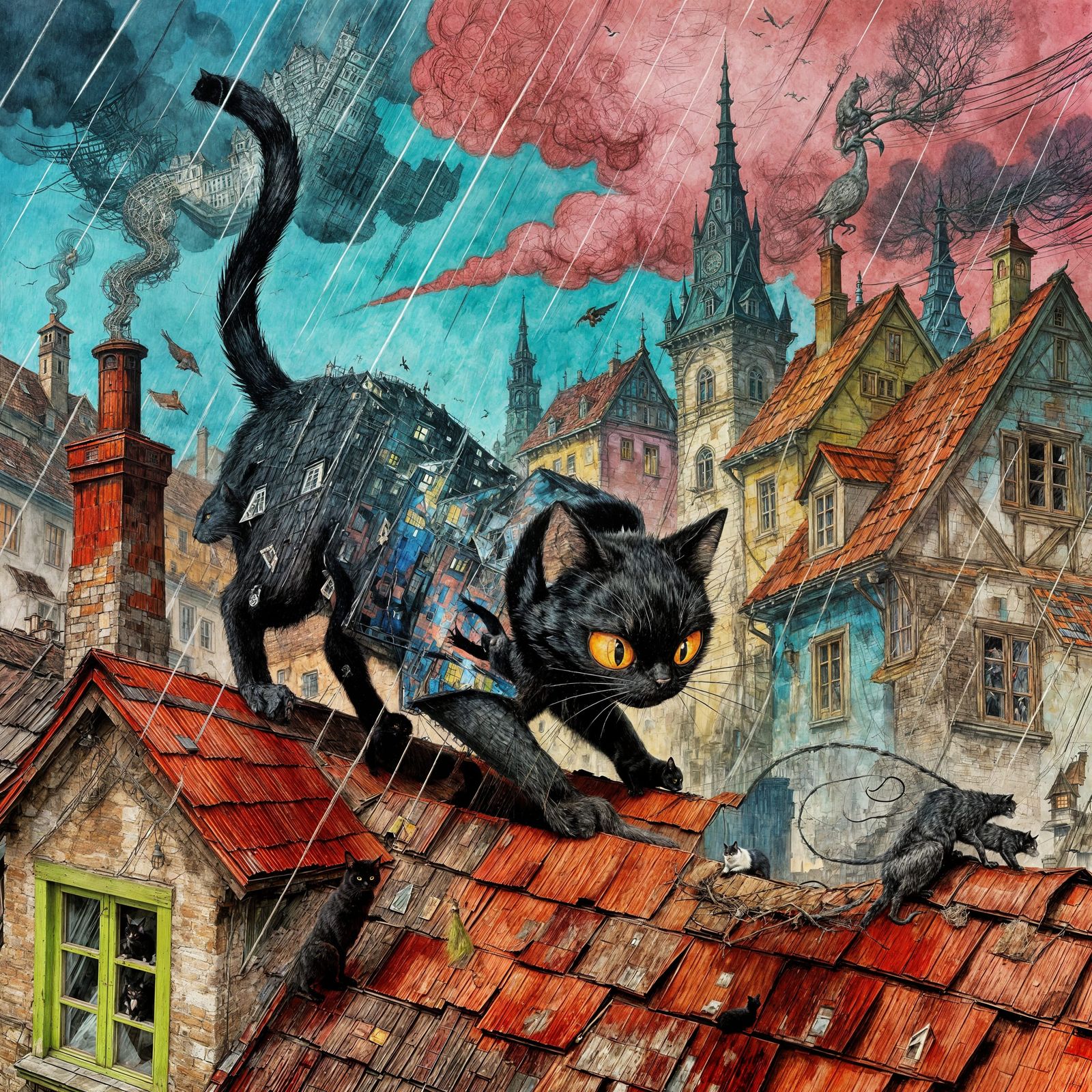 Black Cat Hunts Pigeon on Rooftop in Whimsical Gothic Neighb...