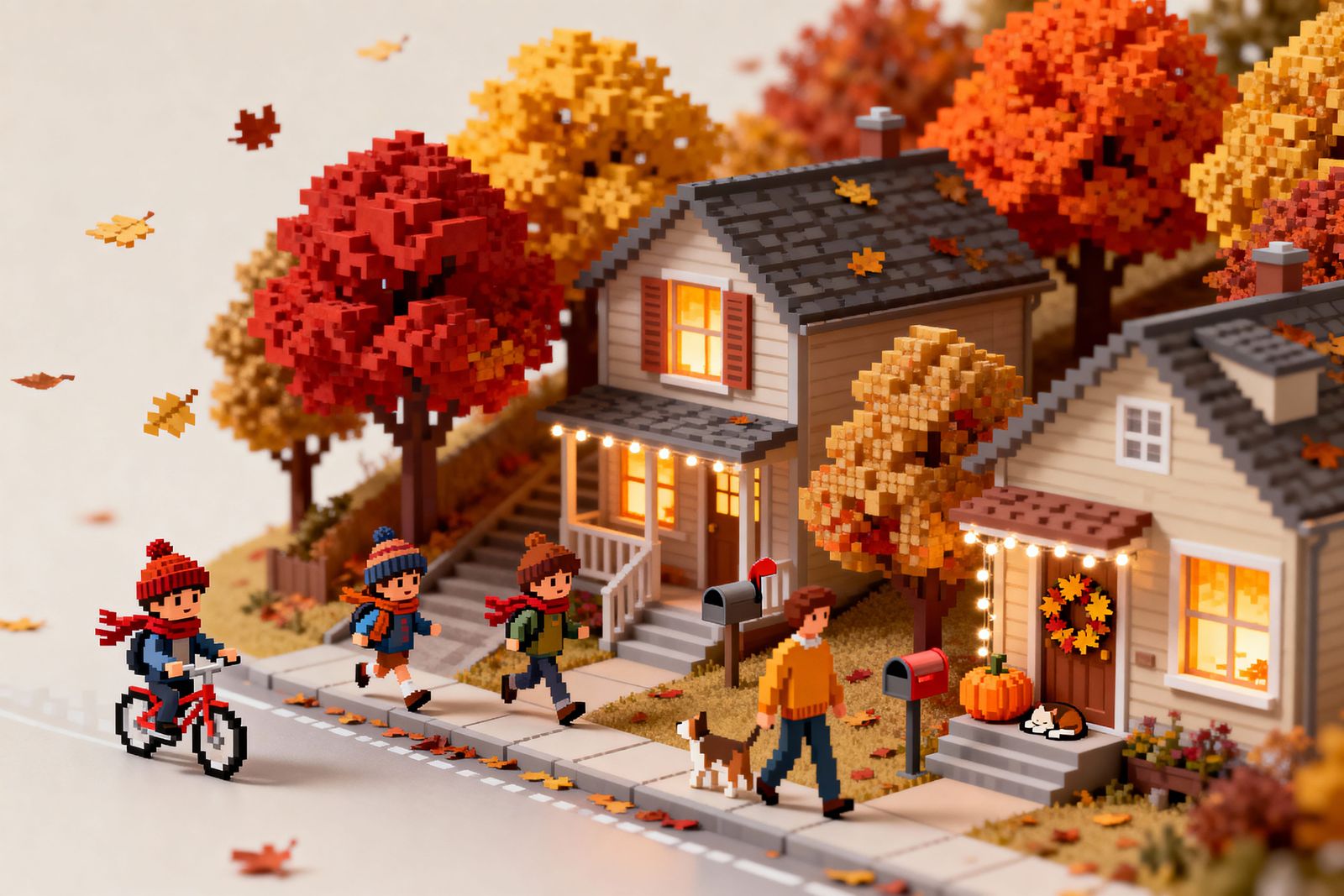 Isometric Pixel Art Autumn Neighborhood Diorama