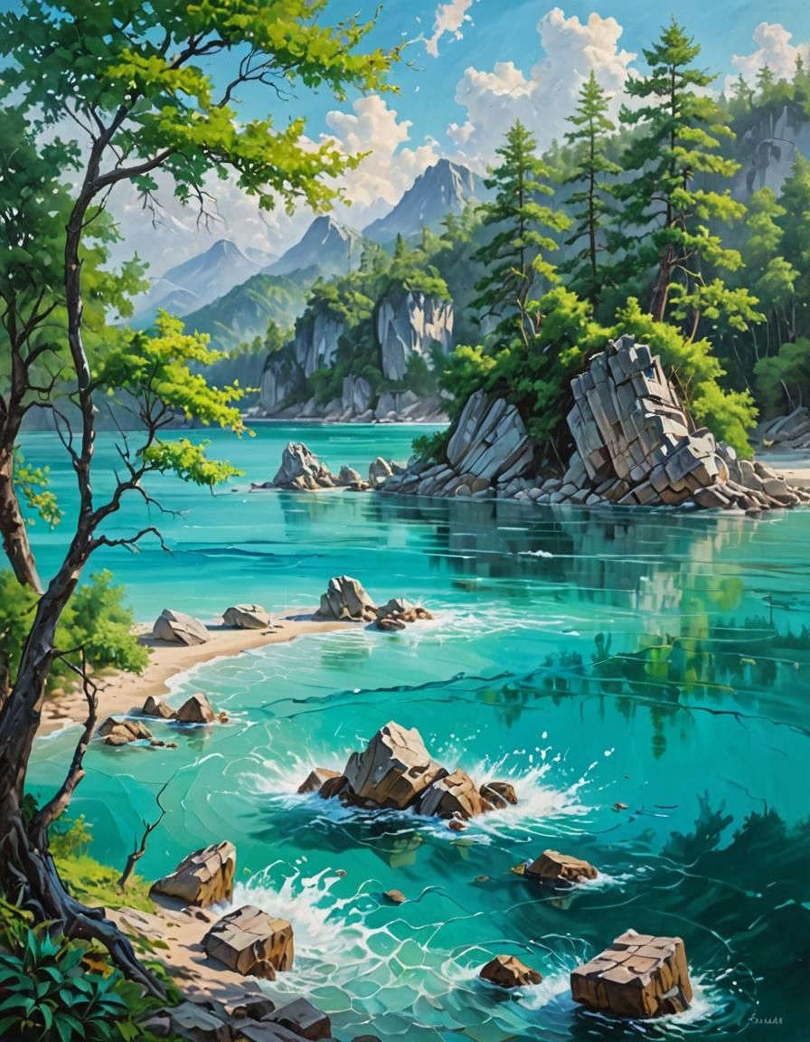 Ocean Storms and Emerald Lake: Oil Painting