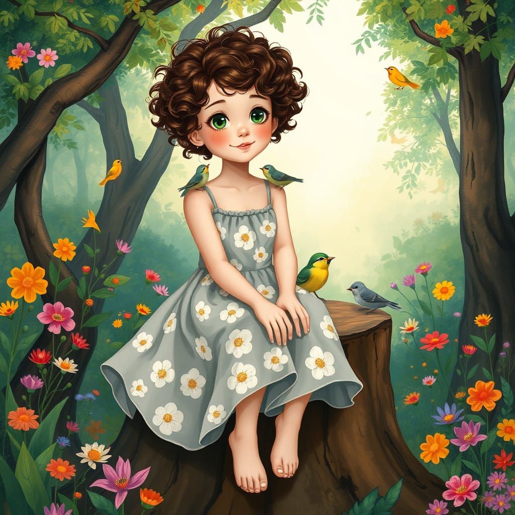 Dreamy Whimsical Forest Scene with Floral Dress and Birds