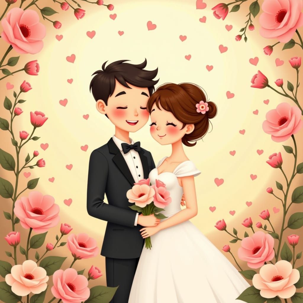 Adorable Cartoon Wedding Couple in Romantic Pastel Palette