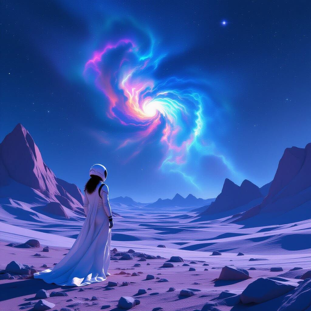 Woman Gazing at Nebula on Alien Planet in Retro-Futurism Sty...