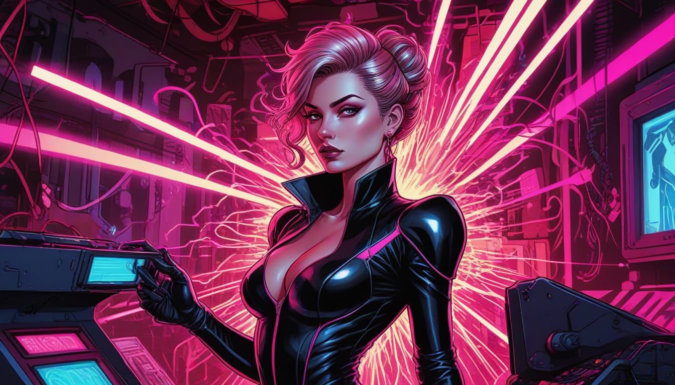 Elegant Villainess in Opulent High-Tech Lair