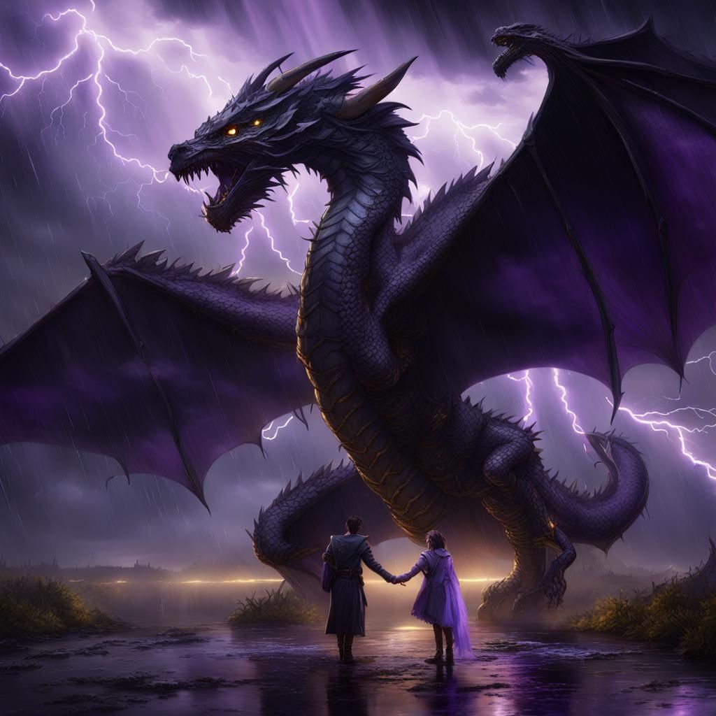 Violet and Xaden with Dragon in Lightning Storm