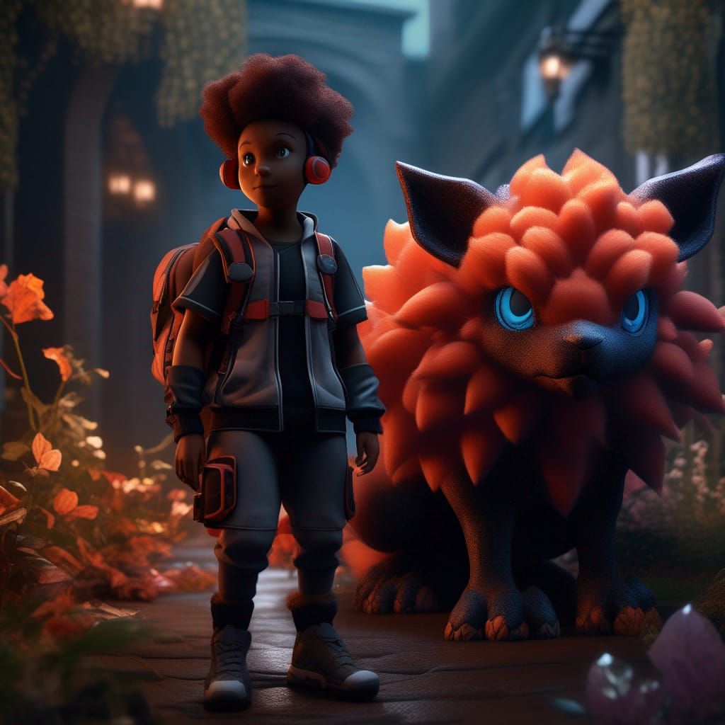 Black Pokemon Trainer with Vulpix: Fantasy Art