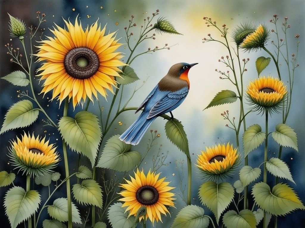 Vibrant Watercolor Sunflower with a Bird