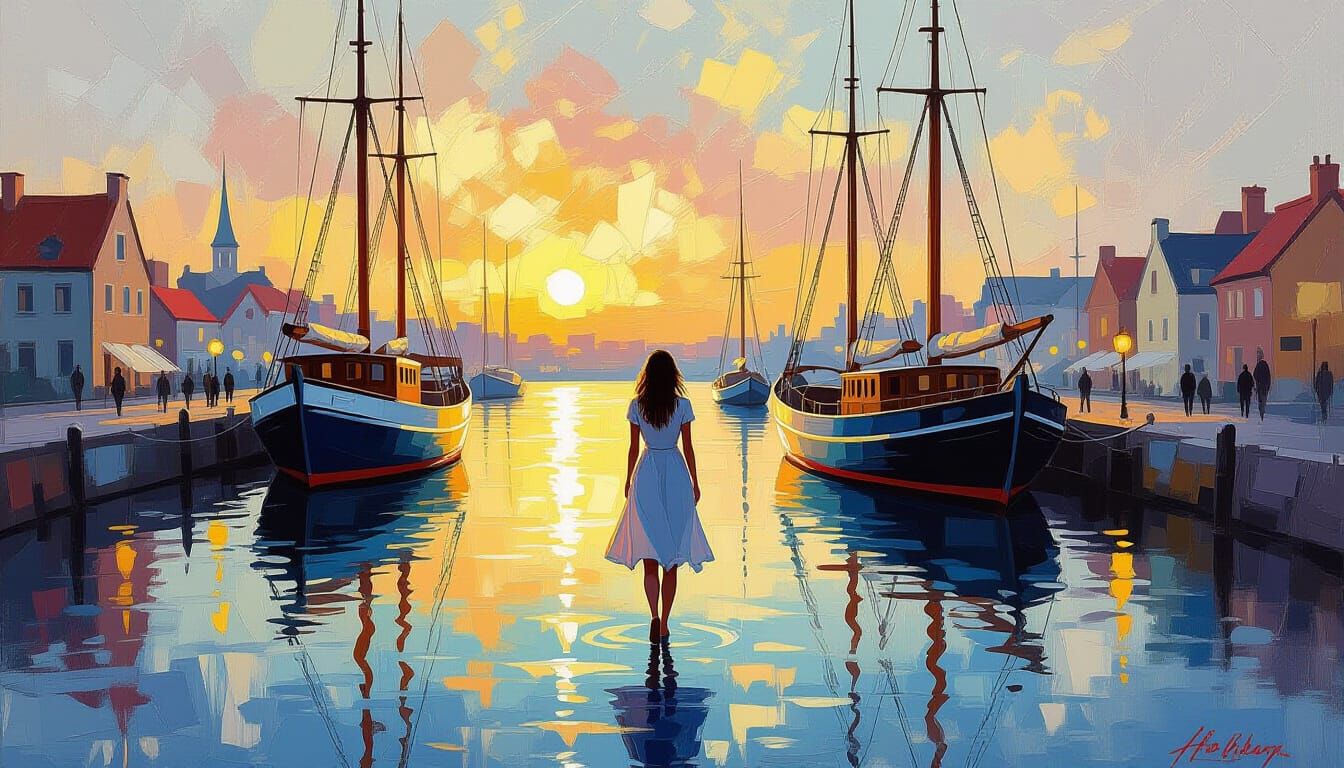 Impressionistic Harbor Scene with Sailing Ships