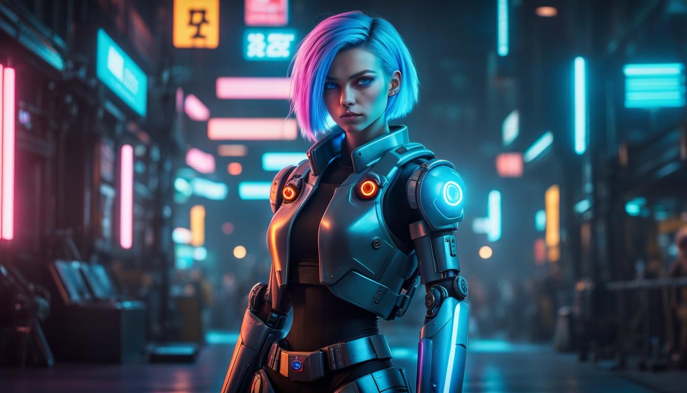 Neon Cyborg Girl in Cyberpunk Style