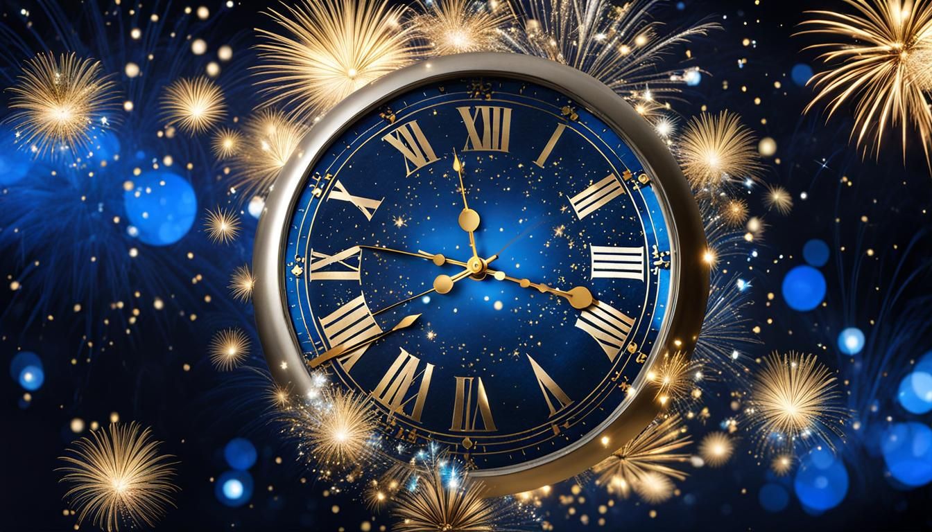 New Year's Eve Clock with Fireworks Display