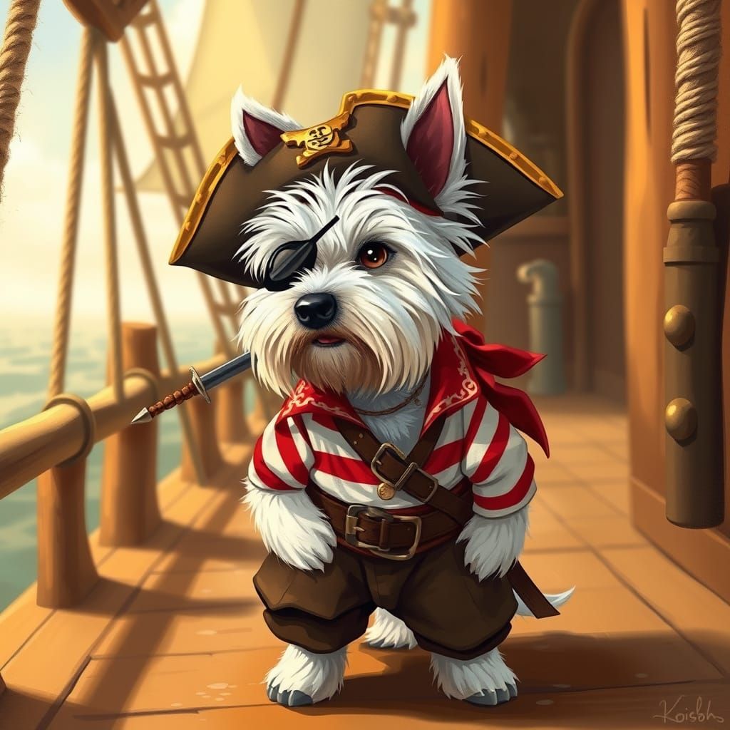Westie Pirate on Deck in Fantasy Art Style