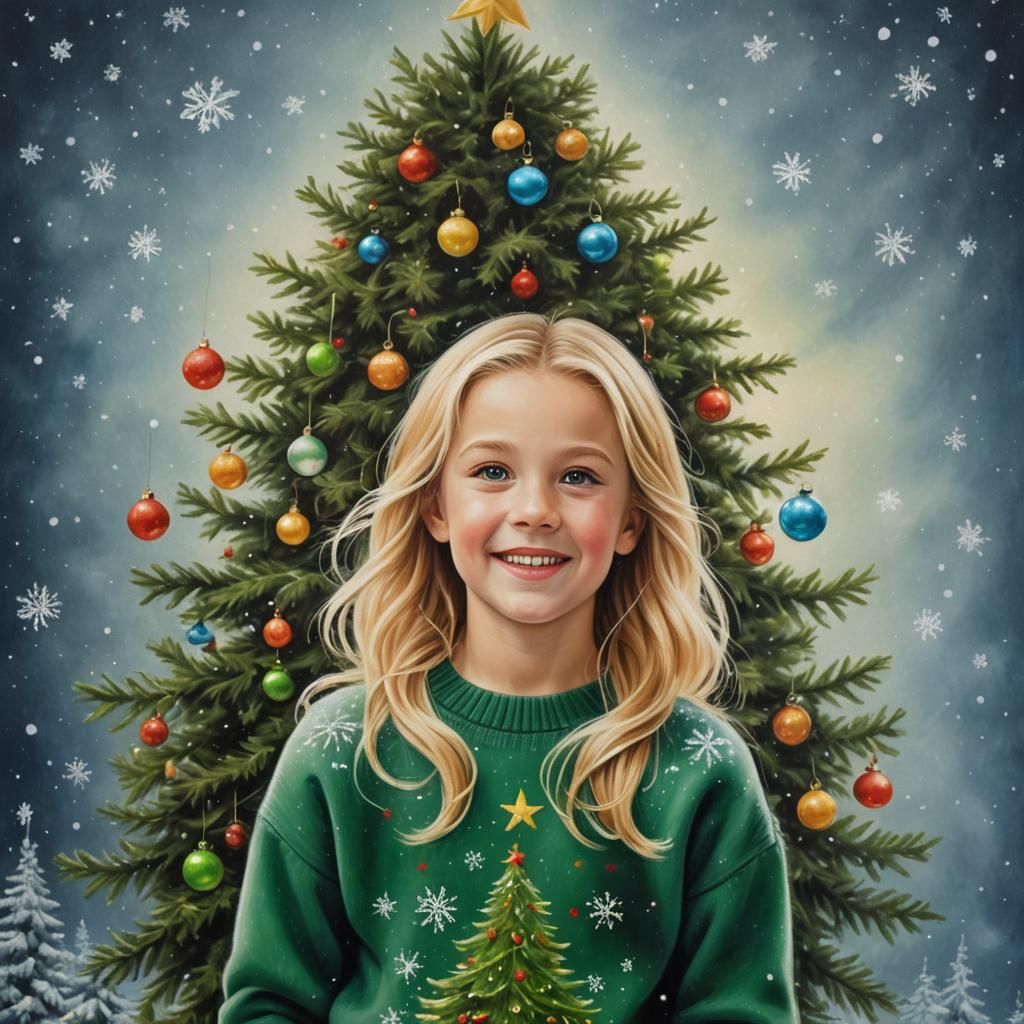Blonde Girl with Snowman, Realistic Oil Painting
