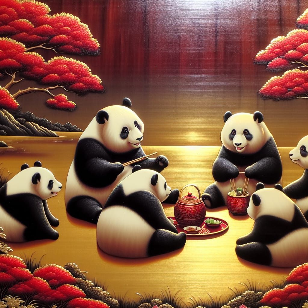 Pandas at Picnic in Dark Velvet Painting