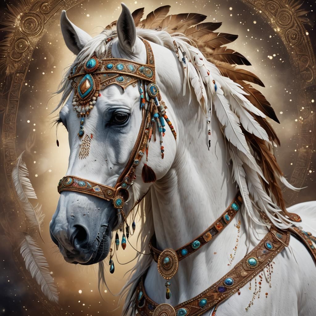 Ethereal Horse with Native American Woman, Fantasy Art