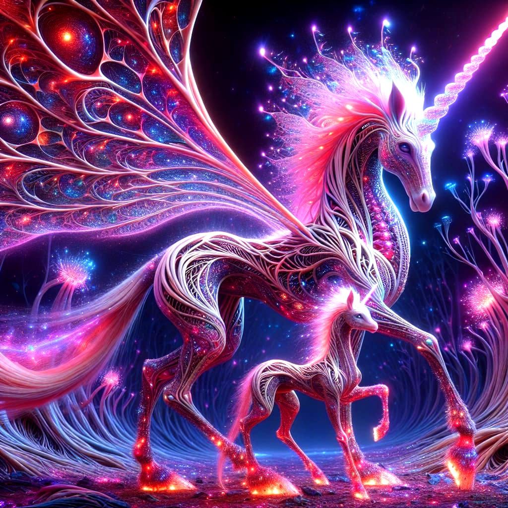 Enchanting Unicorn-Dragon Mother and Baby in Magic Forest