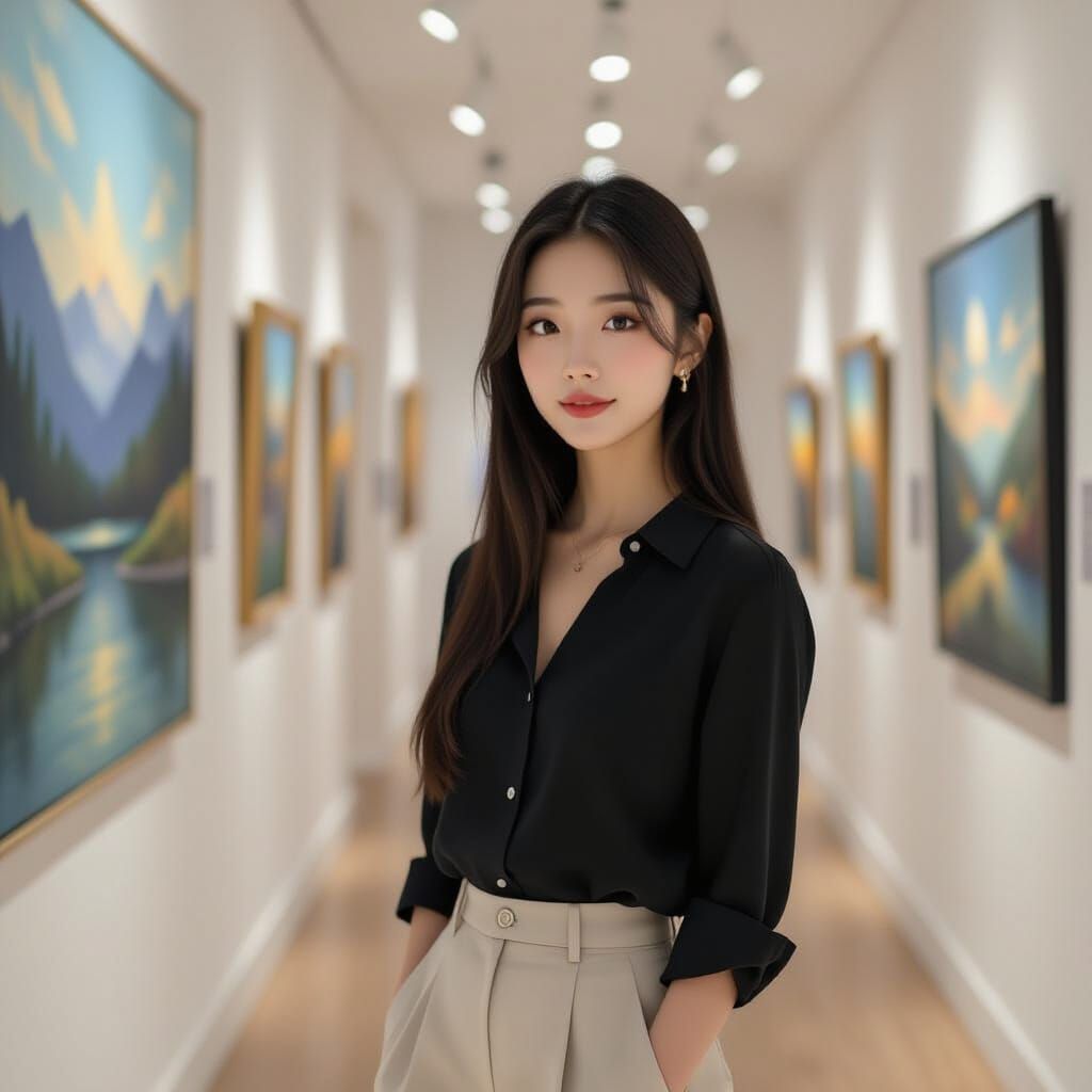 Korean Woman in Art Gallery, Anime Style