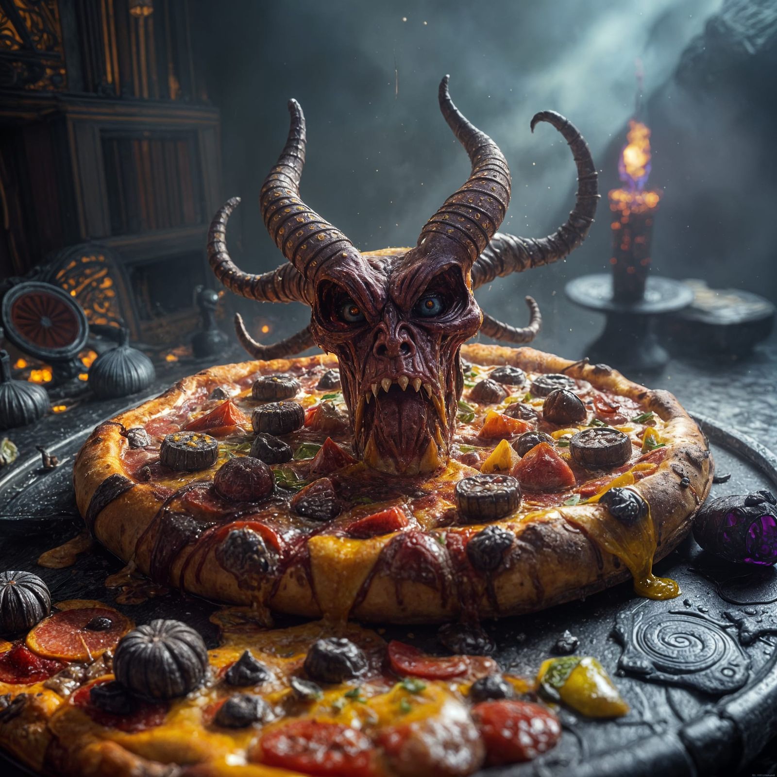 Dark Fantasy Pizza Masterpiece in Cyberpunk Style