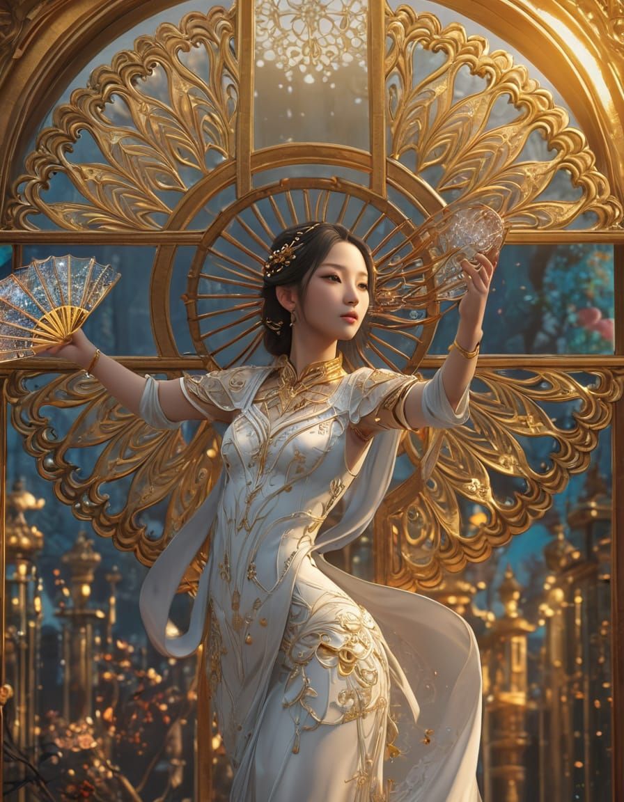 Ethereal Asian Dancer in Stained Glass Glow