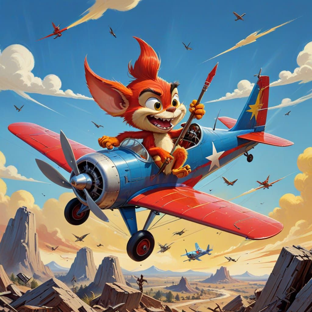 Gremlin Dismantling Airplane in Cartoonish Style