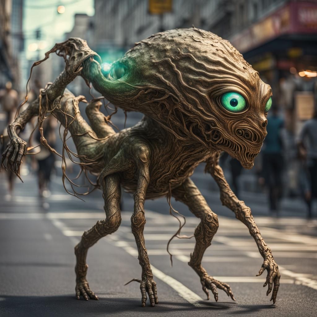 Gilded Alien Pet Walks Down Busy Street