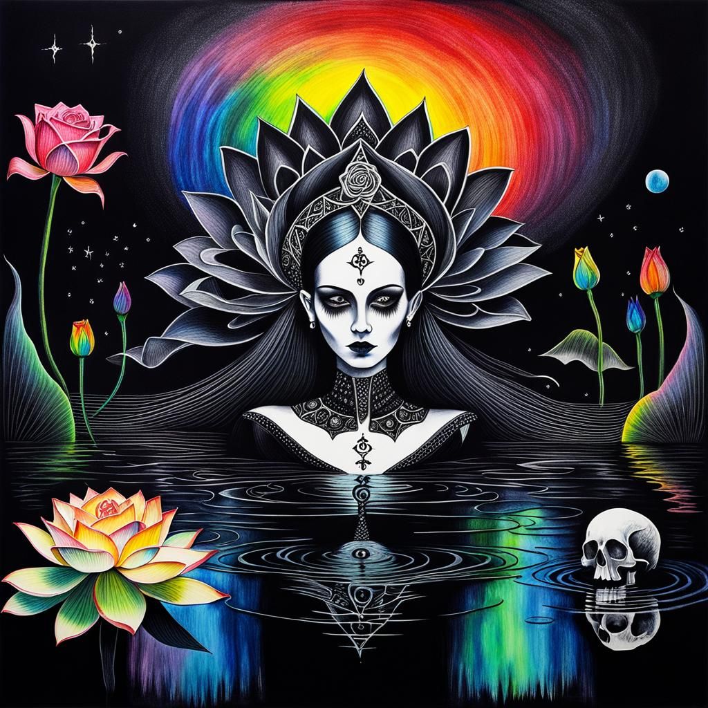 Gothic lotus,  Kids Crayon drawings ,surreal (child's drawing )of a goth woman, swimming in  blackness, skulls,rose, sym...