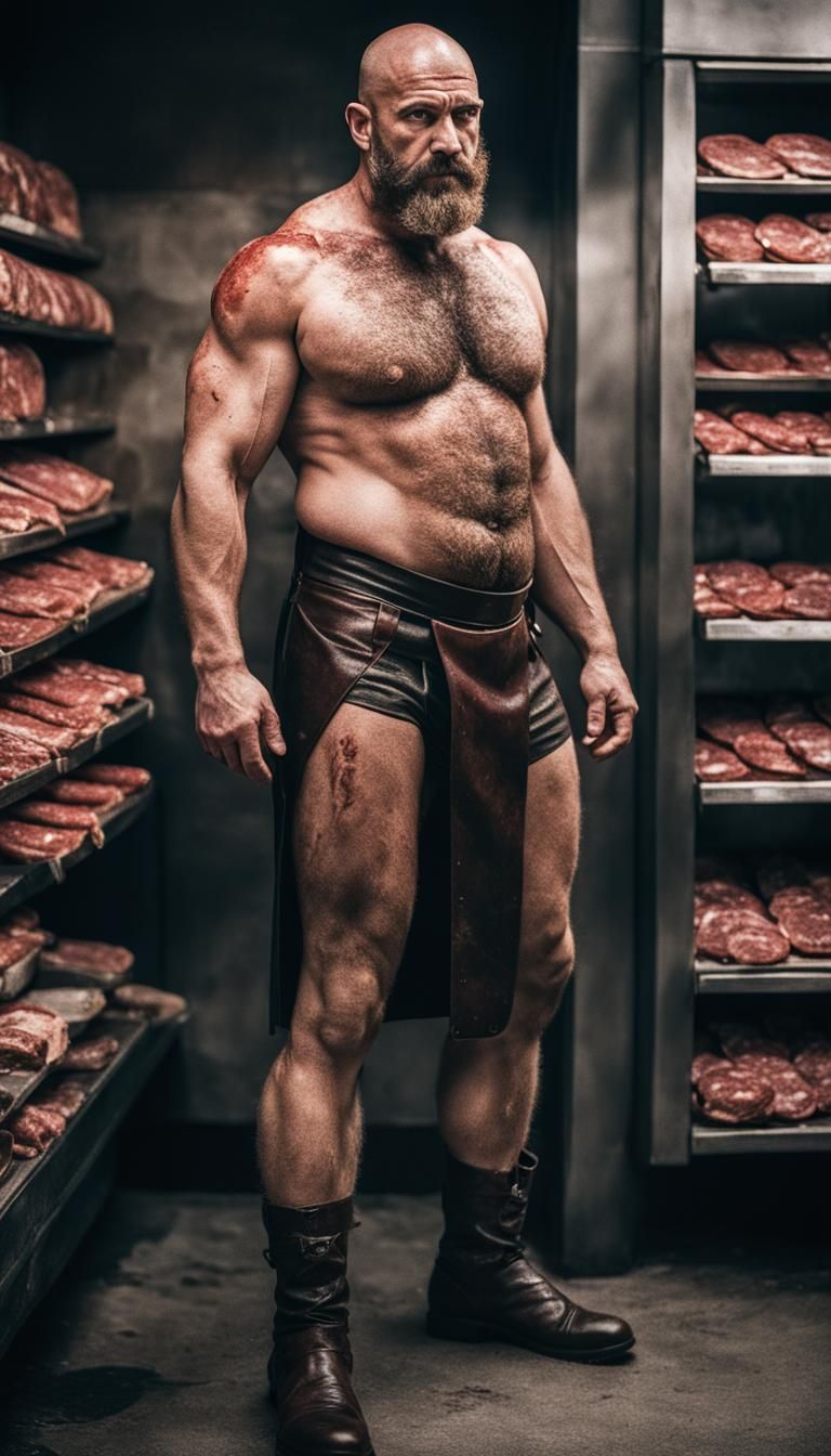 Cinematic Film Still of a Hairy Butcher with Meats