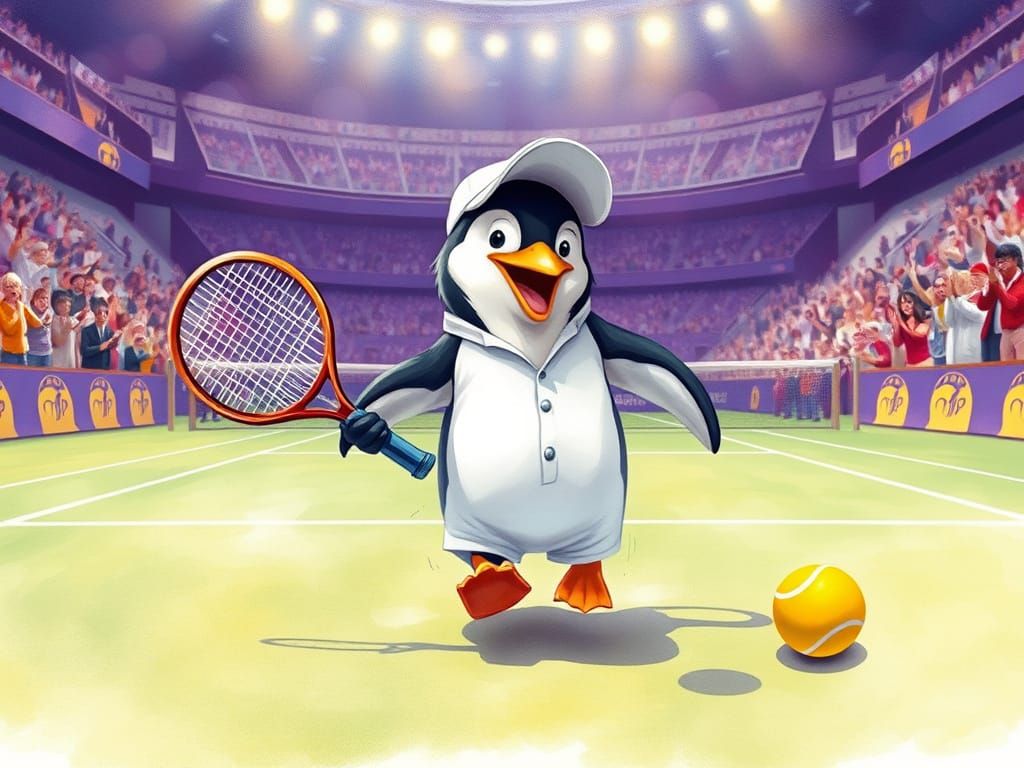 Penguin Tennis Player on Center Court in Watercolor