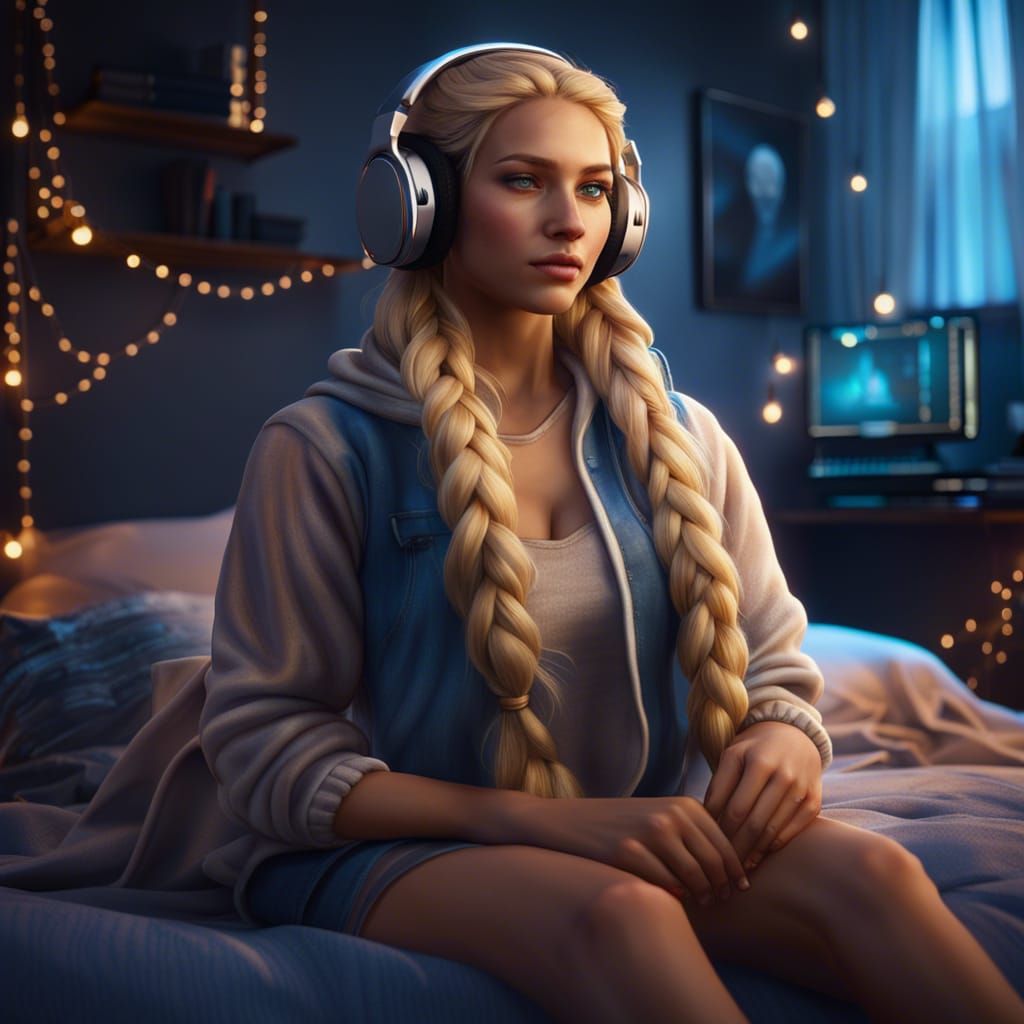 Girl with Blonde Braid on Bed, Detailed Matte Painting