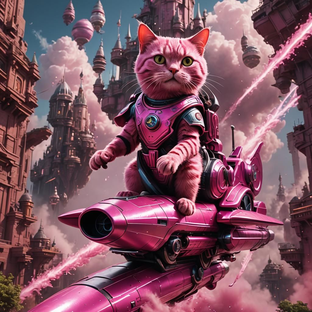 Pink Cat Rides Pink Rocket in Hyperrealism