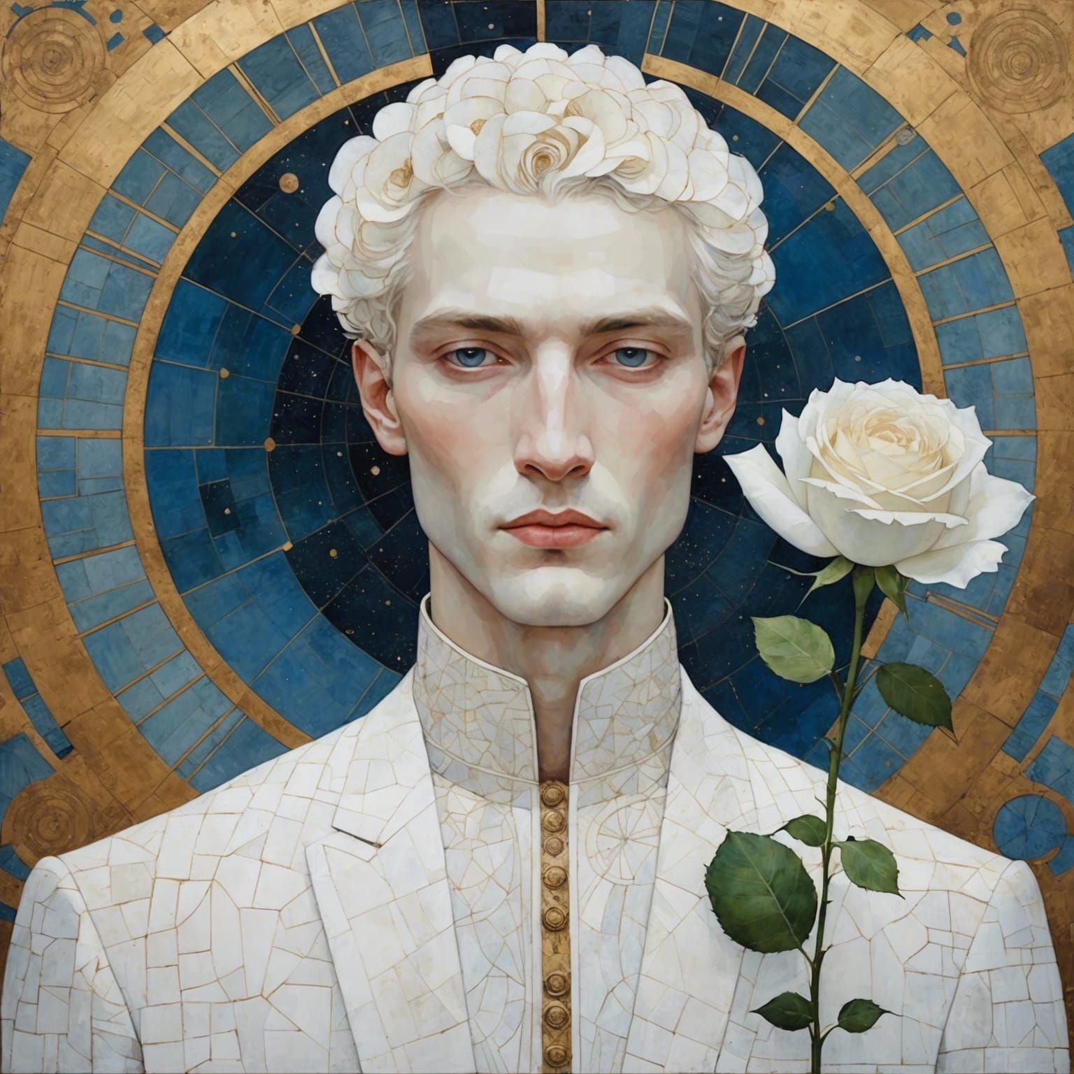 Celestial Male with White Rose: Minimalist Surreal Illustrat...