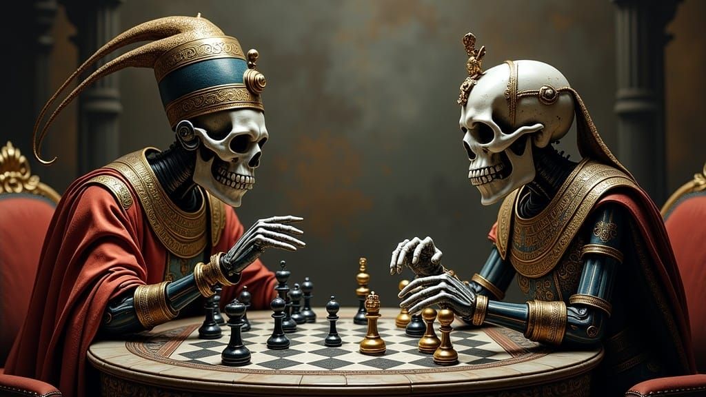 Biomechanical Lich Arguing Over Chessboard with Demilich