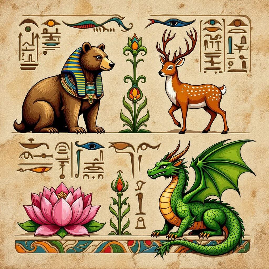 Egyptian Hieroglyphs: Bear, Deer, Lotus, Dragon