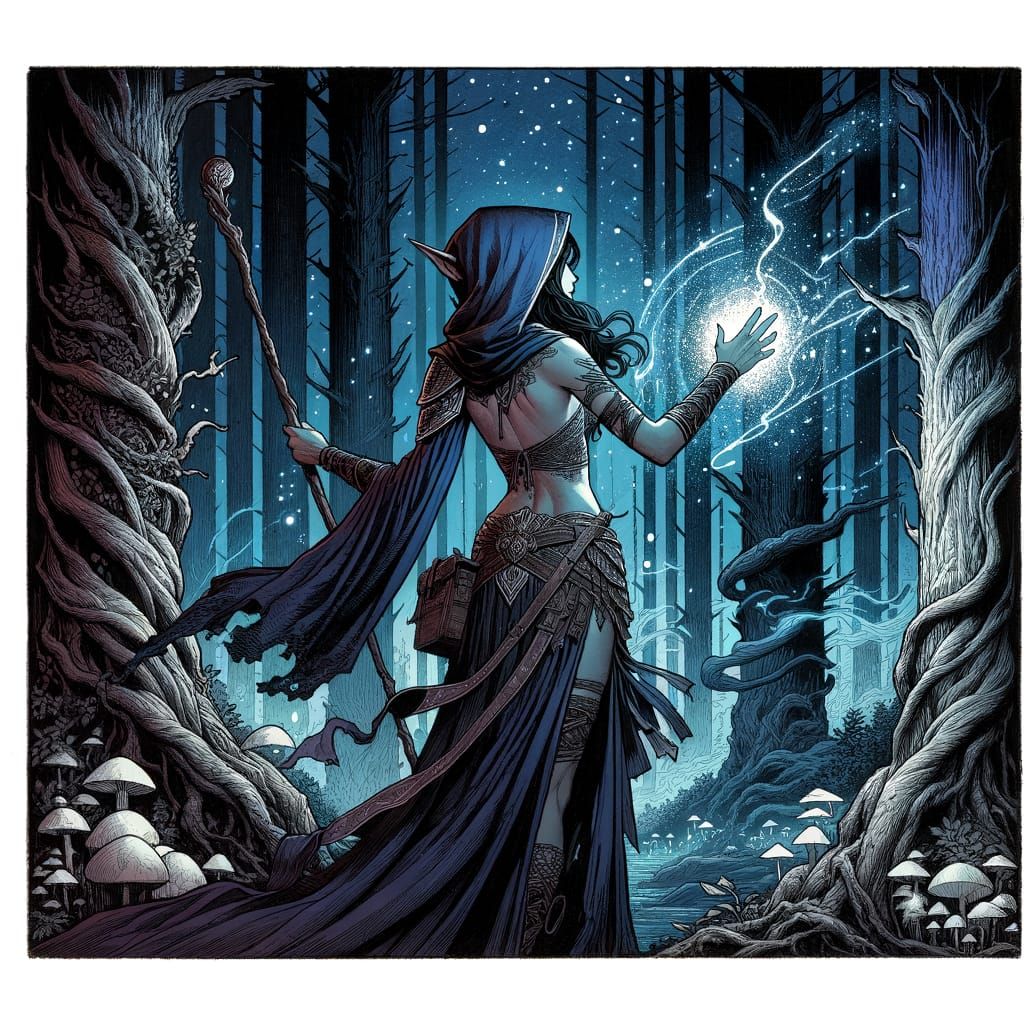 Elf Sorceress Casting Spell in Dark Forest Illustration